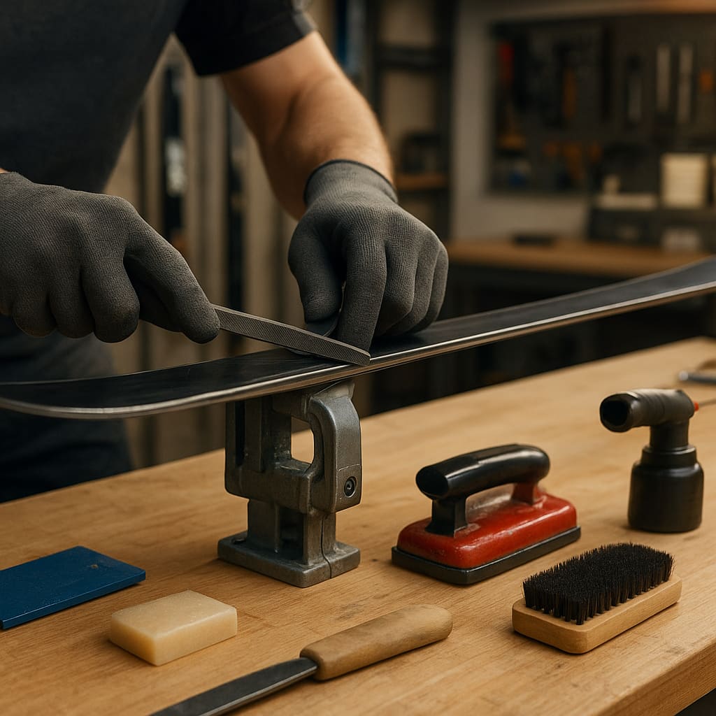 Werkstatt mit Skiservice und Tuning auf der Werkbank