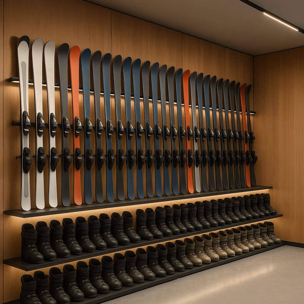 Ski- und Schuhauswahl im Verleihbereich